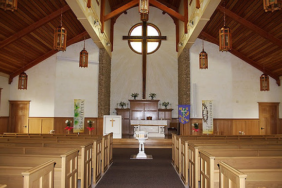 Church Design & Custom Built Carved Cross & Stained Glass Chandeliers