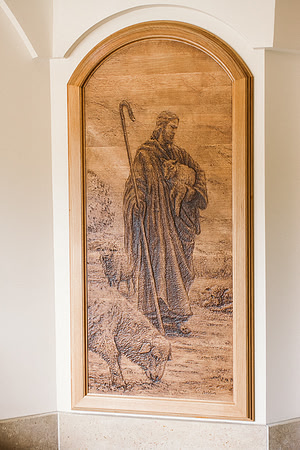 Good Shepherd Wood Carved Panel for Holy Family Education Center